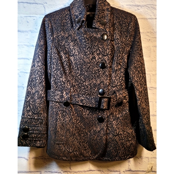 Roz & Ali Womens Belted Peacoated Textured Print Brown Button Detail Size XL